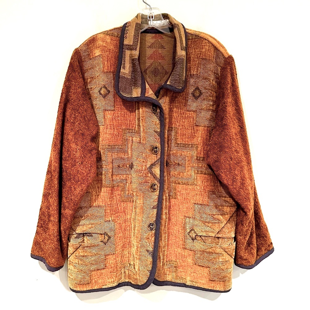 Nino Wong Vintage 80s‎ Velour Jacket Women's Medium Tan Purple Trim Boho Western